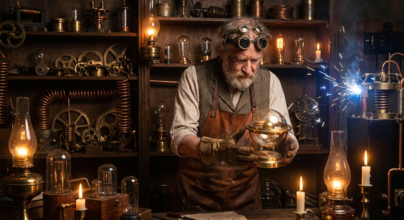 Steampunk Inventor in Workshop